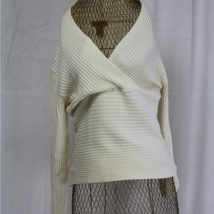 Long sleeve v neck ribbed off white sweater shirt